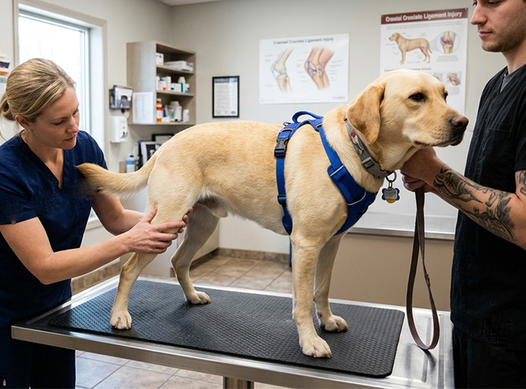 A vet examines the hind leg and stifle (knee) joint of a dog standing on a examination table